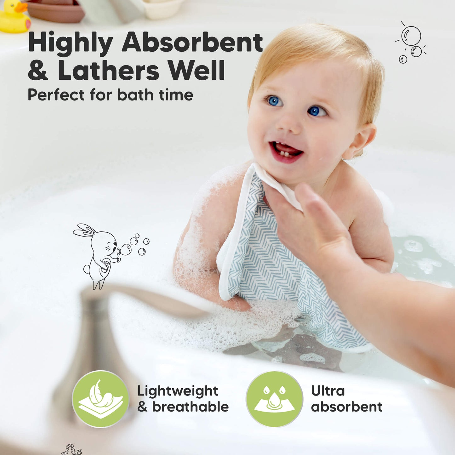 Highly Absorbent & Lathers Well
Perfect for bath time 
Lightweight & breathable
Ultra absorbent  29394036588730