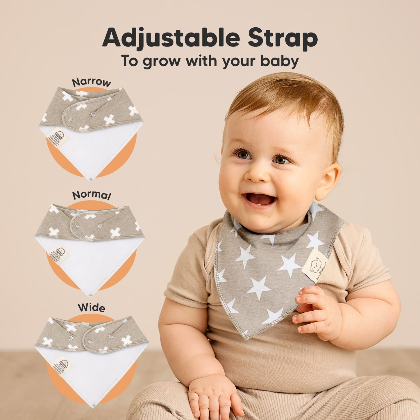 Adjustable Strap to grow with your baby with 3 size settings (narrow, normal, wide), suitable for 0–36 months.
 25595094433978