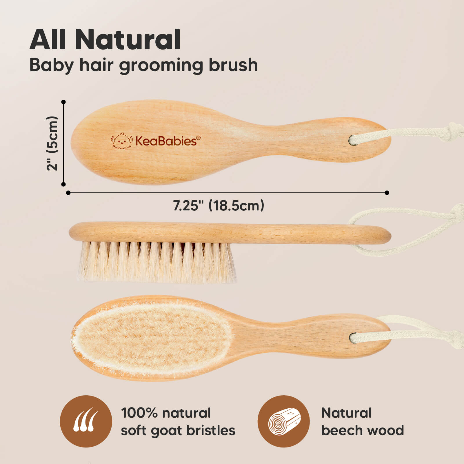 All Natural - Baby hair grooming brush, size 7.25" x 2" (100% natural soft goat bristles and Natural beech wood) 25883499266234