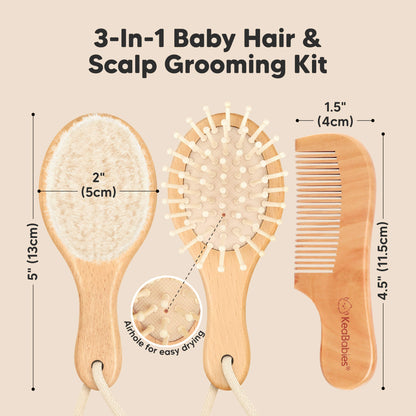 3-in-1 Baby Hair & Scalp Grooming Kit, hairbrush size 5" x 2" and comb size 4.5" x 1.5"  31871568838842