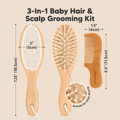 3-in-1 Baby Hair & Scalp Grooming Kit, hairbrush size 7.25" x 2" and comb size 4.5" x 1.5"  30652014919866