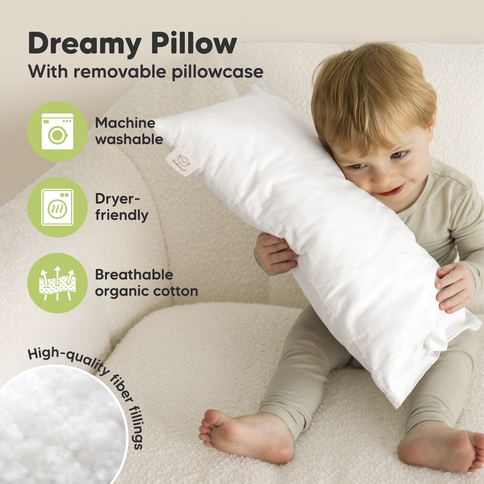 Dreamy Pillow With removable pillowcase. Machine washable, Dryer-friendly, Breathable organic cotton, High-quality fiber fillings 27619337797818