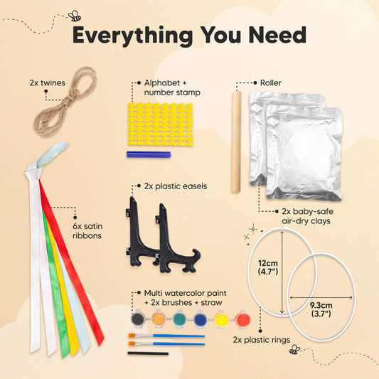 Everything You Need: 2x twines, alphabet + number stamp, roller, 2x baby-safe air-dry clays, 2x plastic easels, 6x satin ribbons, multi watercolor paint + 2x brushes + straw, 2x plastic rings (12cm / 4.7", 9.3cm / 3.7")
-on-hover