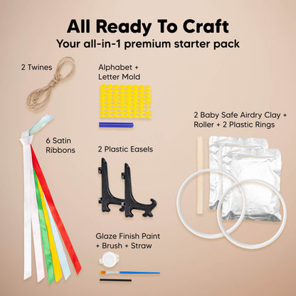 All Ready To Craft, Your all-in-1 premium starter pack, 2 Twines, 
6 Satin Ribbons, Alphabet + Letter Mold
2 Plastic Easels, Glaze Finish Paint + Brush + Straw, 2 Baby Safe Air-dry Clay + Roller + 2 Plastic Rings 26133004779706