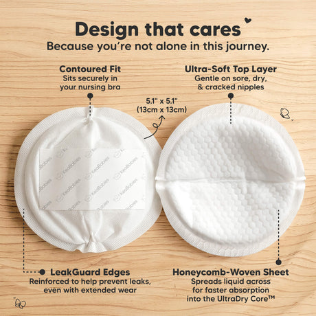 Design that cares Because you're not alone in this journey - Contoured Fit, Ultra-Soft Top Layer, LeakGuard Edges, and Honeycomb-Woven Sheet. (Size at 5.1" x 5.1")