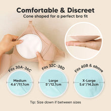 Load image into Gallery viewer, Comfortable &amp; Discreet - Cone shaped for a perfect bra fit. Fits 30A–36C: Medium (4.6" / 11.7cm), Fits 32C–38D: Large (5" / 12.7cm), Fits 40B &amp; above: X-Large (5.6" / 14.2cm), Tip: Size down if between sizes
