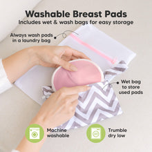 Load image into Gallery viewer, Washable Breast Pads  - Includes wet &amp; wash bags for easy storage. Always wash pads in a laundry bag and wet bag to store used pads. Machine washable, Tumble dry low
