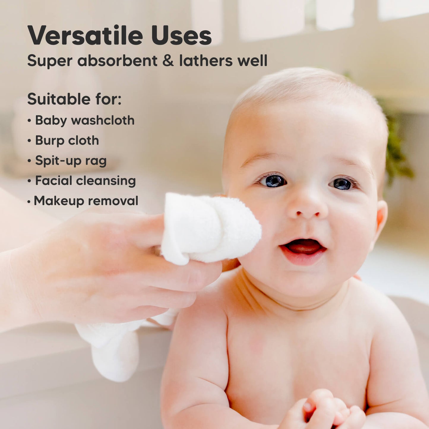 Versatile Uses: Super absorbent & lathers well, Suitable for baby washcloth, Burp cloth, Spit-up rag, Facial cleansing, Makeup removal
 26661863686330
