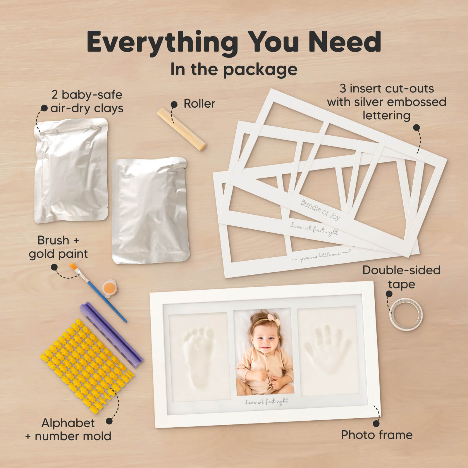 Everything You Need in the package: 2 baby-safe air-dry clays, roller, 3 insert cut-outs with silver embossed lettering, brush + gold paint, alphabet + number mold, double-sided tape, and photo frame 30512652648634