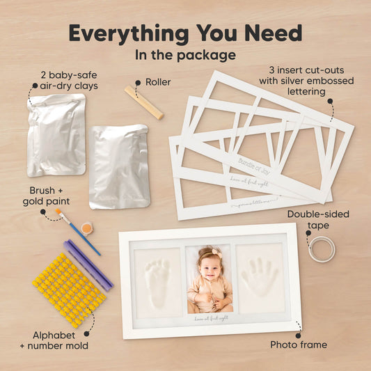 Everything You Need in the package: 2 baby-safe air-dry clays, roller, 3 insert cut-outs with silver embossed lettering, brush + gold paint, alphabet + number mold, double-sided tape, and photo frame-on-hover