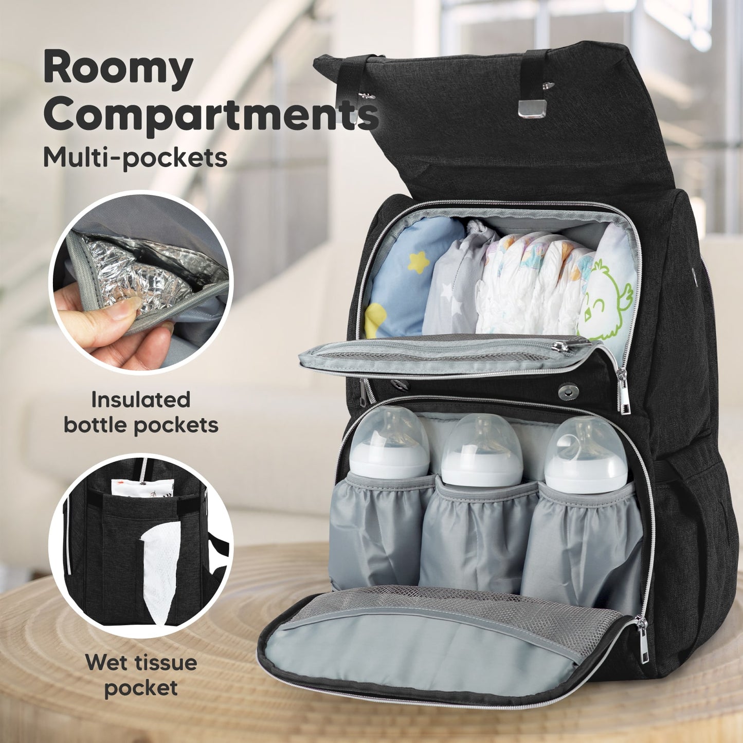 Roomy Compartments, Multi-pockets
Insulated bottle pockets, 
Wet tissue pocket 27404089196730