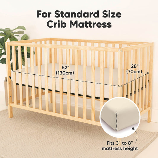 For Standard Size Crib Mattress, sized at 52 inches long, 28 inches wide, and fits 3 to 8 inches of mattress height.-on-hover