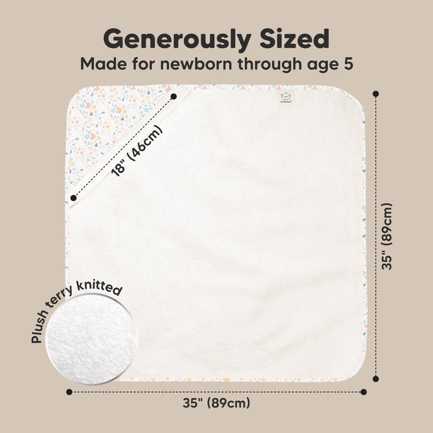 Generously Sized: Made for newborn through age 5, 35" (89cm) x 35" (89cm), 18" (46cm), Plush, terry knitted
 26877154197690