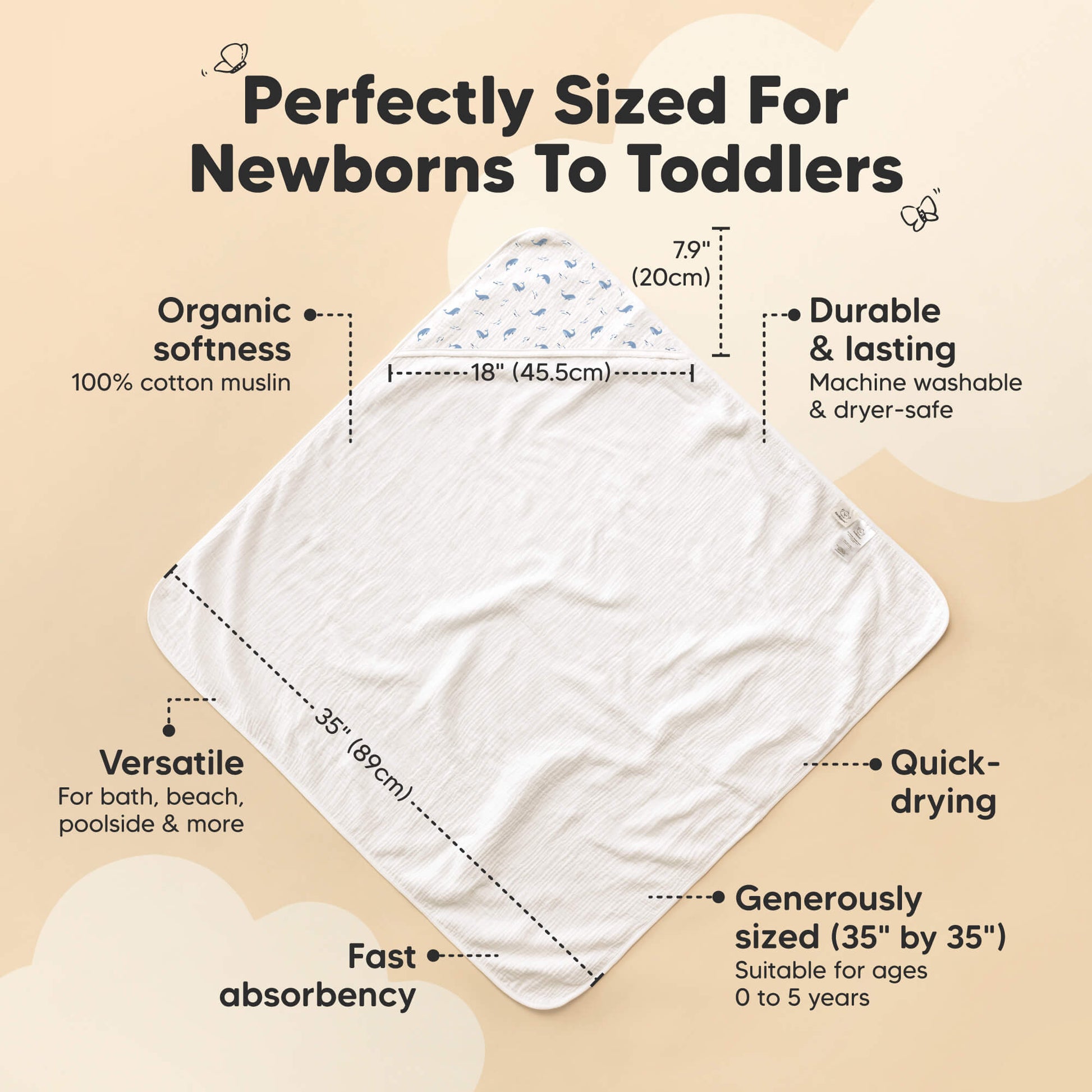 Perfectly Sized For Newborns To Toddlers 
Organic softness
Durable & Lasting 
Versatile
Fast absorbency 
Generously sized (35" by 35" or 30" by  30") 
Quick-drying  28841429631162