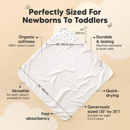 Perfectly Sized For Newborns To Toddlers 
Organic softness
Durable & Lasting 
Versatile
Fast absorbency 
Generously sized (35" by 35" or 30" by  30") 
Quick-drying  28841429631162