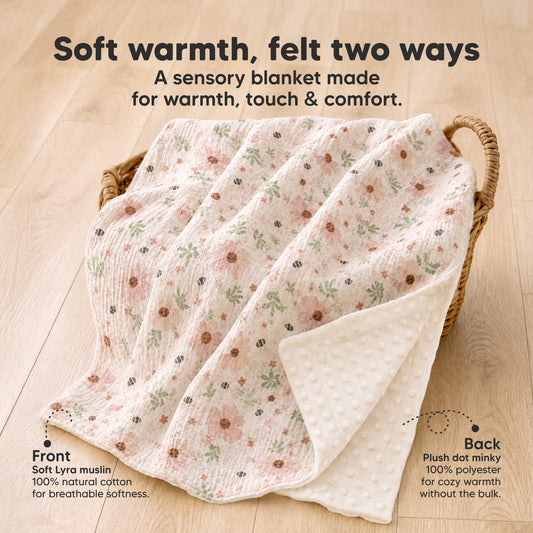 Soft warmth, felt two ways - A sensory blanket made for warmth, touch and comfort. (Front: Soft Lyra muslin, 100% natural cotton for breathable softness and Back: Plush dot minky, 100% polyester for cozy warmth without the bulk.)-on-hover