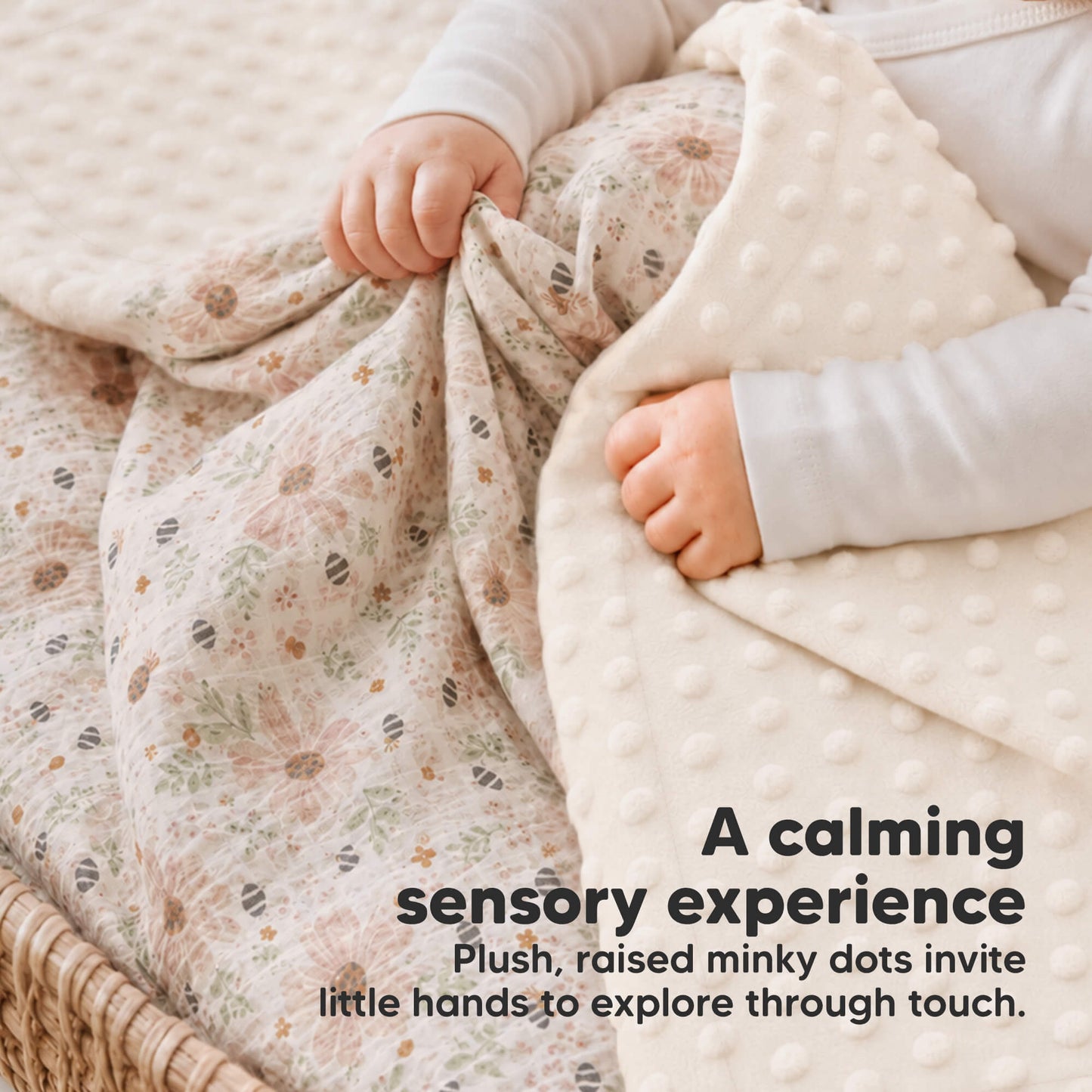A calming sensory experience - Plush, raised minky dots invite little hands to explore through touch. 33971640565946