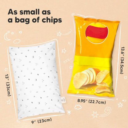 As small as a bag of chips
Our mini pillow sized at 13”x9” 
Bag of chips size at 13.6”x 8.95” 32334220329146