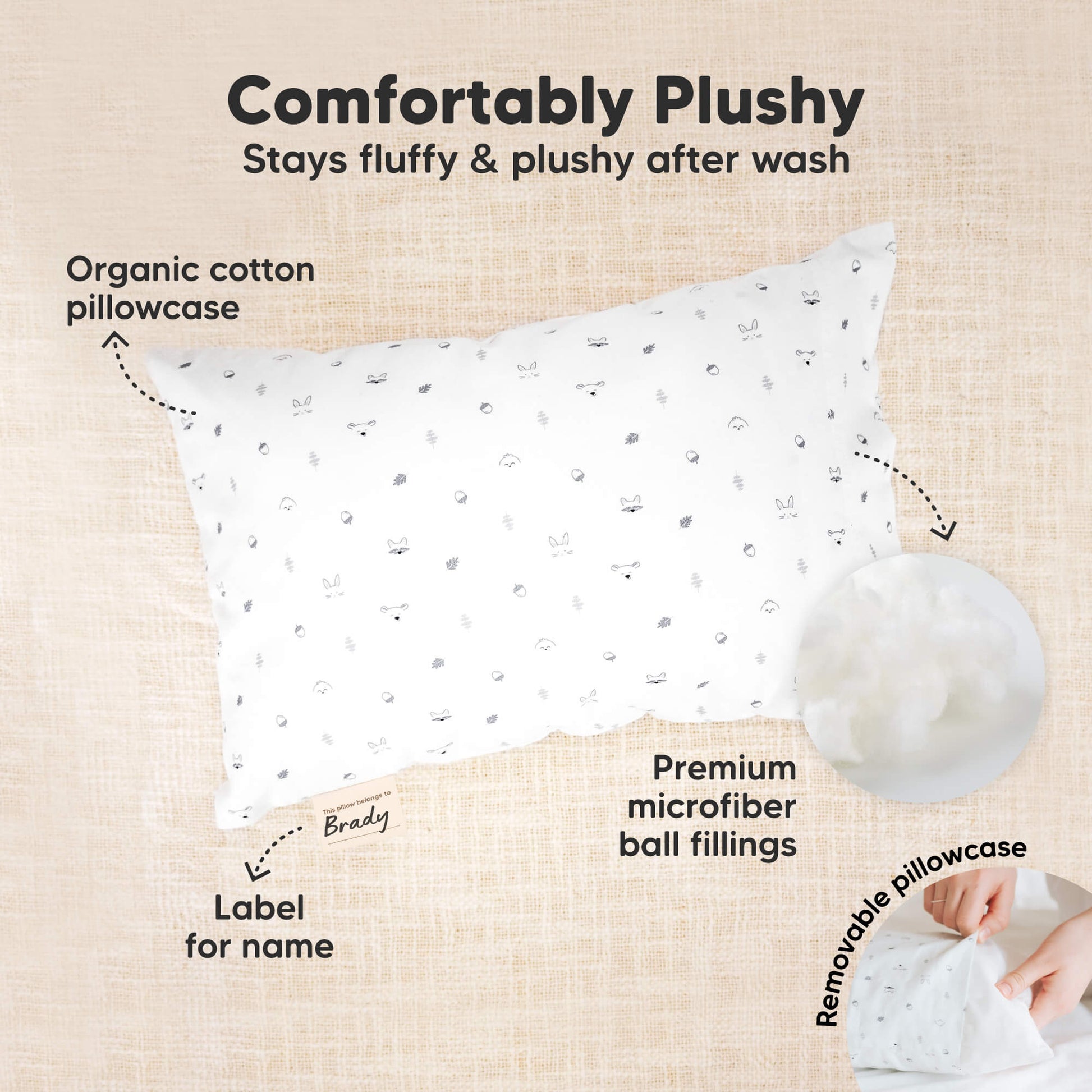 Comfortably Plushy - Stays fluffy & plushy after wash, with Removable Organic cotton pillowcase, Premium microfiber ball fillings. Has Label for name

 32334220460218