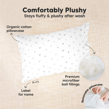 Comfortably Plushy - Stays fluffy & plushy after wash, with Removable Organic cotton pillowcase, Premium microfiber ball fillings. Has Label for name

 32334220460218