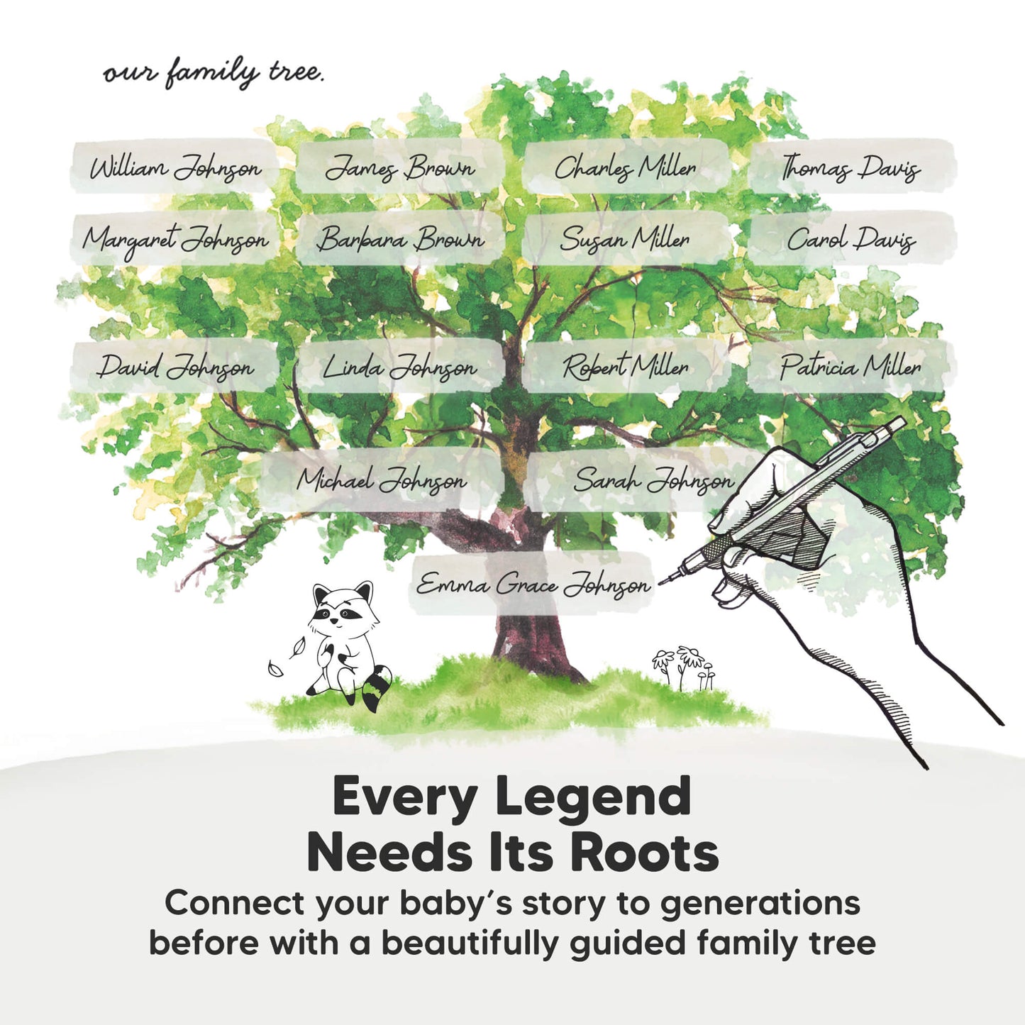 Every Legend Needs Its Roots
Connect your baby’s story to generations before with a beautifully guided family tree
 30514240749754