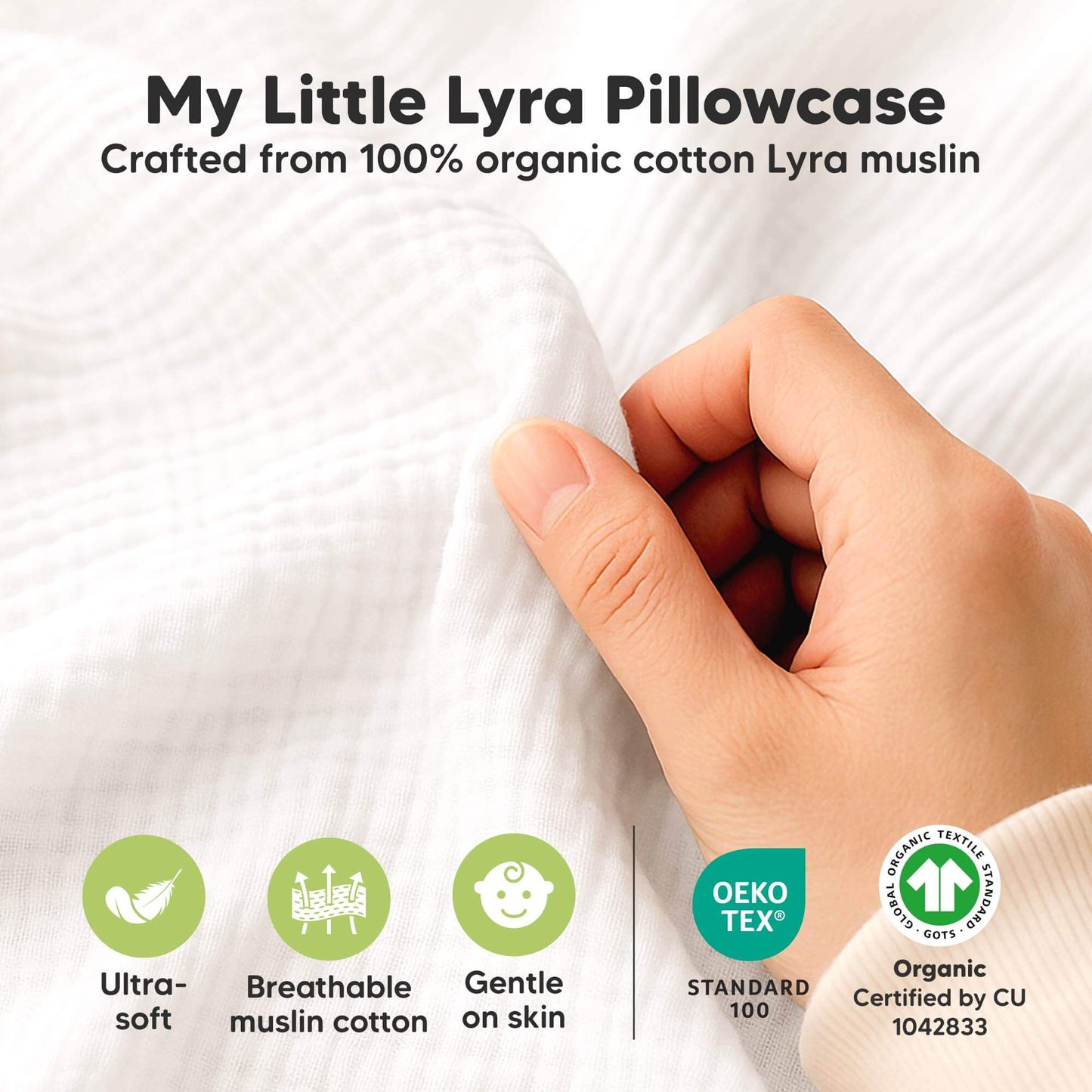 100% Organic cotton lyra muslin toddler pillowcase that is ultra-soft, breathable, and gentle on skin. 30979341713594