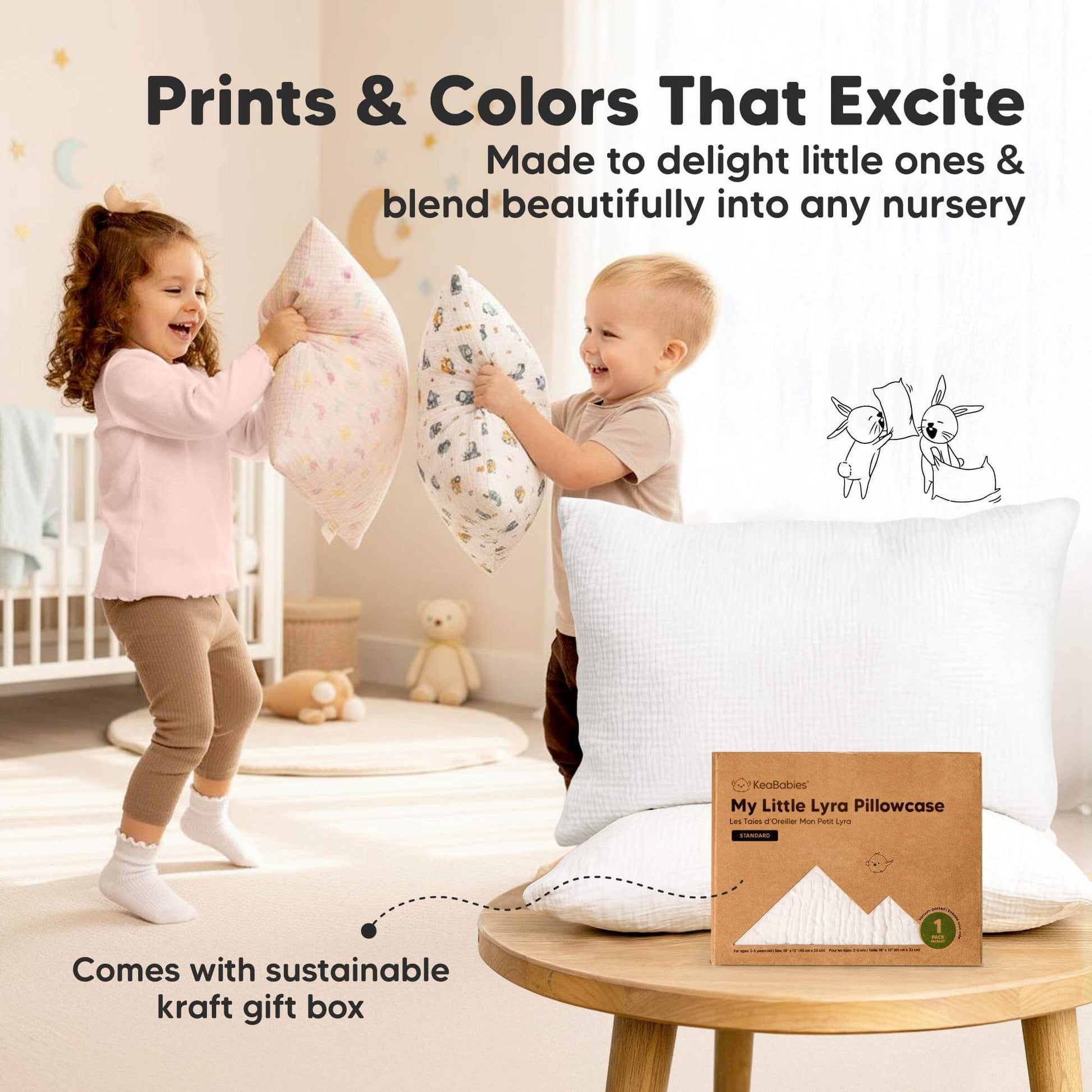Muslin toddler pillowcase with playful prints, packaged in a sustainable kraft gift box. 30979341779130