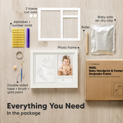Everything You Need
In the package

2 frames cut-outs
Alphabet number mold
Roller
Baby safe air-dry clay
Photo frame
Double-sided tape + brush + gold paint
 27272694530234