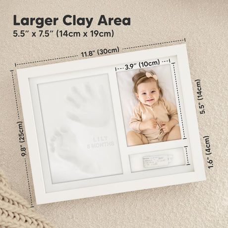 Larger Clay Area
5.5" × 7.5" (14 cm × 19 cm)

Additional dimensions shown:

Frame: 11.8" (30 cm) × 9.8" (25 cm)
Photo area: 3.9" (10 cm)
Image 9 (Emotional Benefit)
