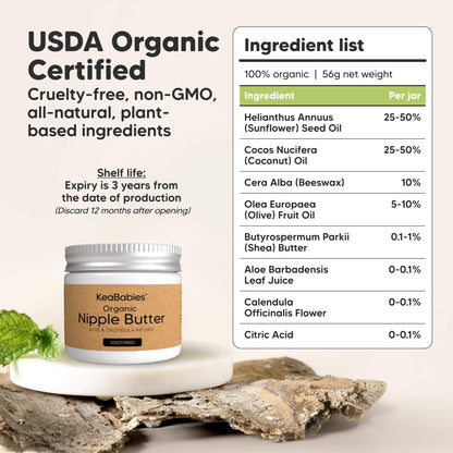 USDA Organic Certified
Cruelty-free, non-GMO, all-natural, plant-based ingredients

Ingredient list (100% organic | 5g net weight):

Helianthus Annuus (Sunflower) Seed Oil – 25–50%
Cocos Nucifera (Coconut) Oil – 25–50%
Cera Alba (Beeswax) – 10–25%
Olea Europaea (Olive) Fruit Oil – 5–10%
Butyrospermum Parkii (Shea Butter) – 0.1–1%
Aloe Barbadensis Leaf Juice – 0.01–0.1%
Calendula Officinalis Flower – 0.01–0.1%
Citric Acid – 0.01%

Shelf life: Expiry is 3 years from date of production
(Discard 12 months after 29434162217146