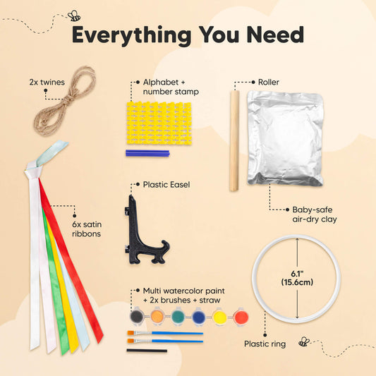 Everything You Need: 2x twines, alphabet + number stamp, roller, baby-safe air-dry clay, plastic easel, 6x satin ribbons, multi watercolor paint + 2x brushes + straw, plastic ring (6.1" / 15.6cm).-on-hover