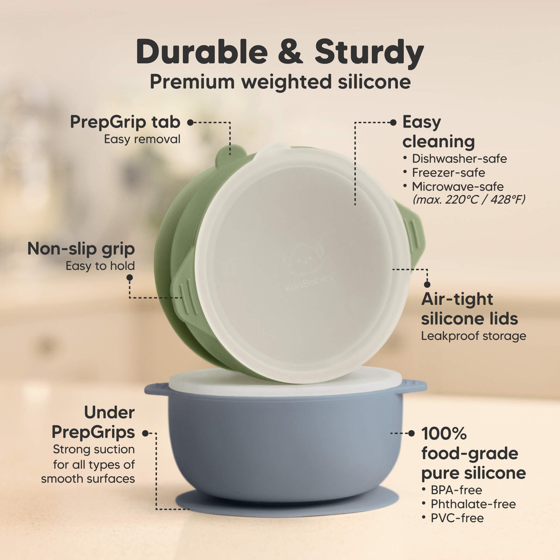 Durable premium weighted silicone bowls with non-slip grip, airtight lids, strong suction bases, and dishwasher-, microwave-, and freezer-safe use. 30237122330810