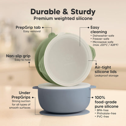 Durable premium weighted silicone bowls with non-slip grip, airtight lids, strong suction bases, and dishwasher-, microwave-, and freezer-safe use. 30237122330810