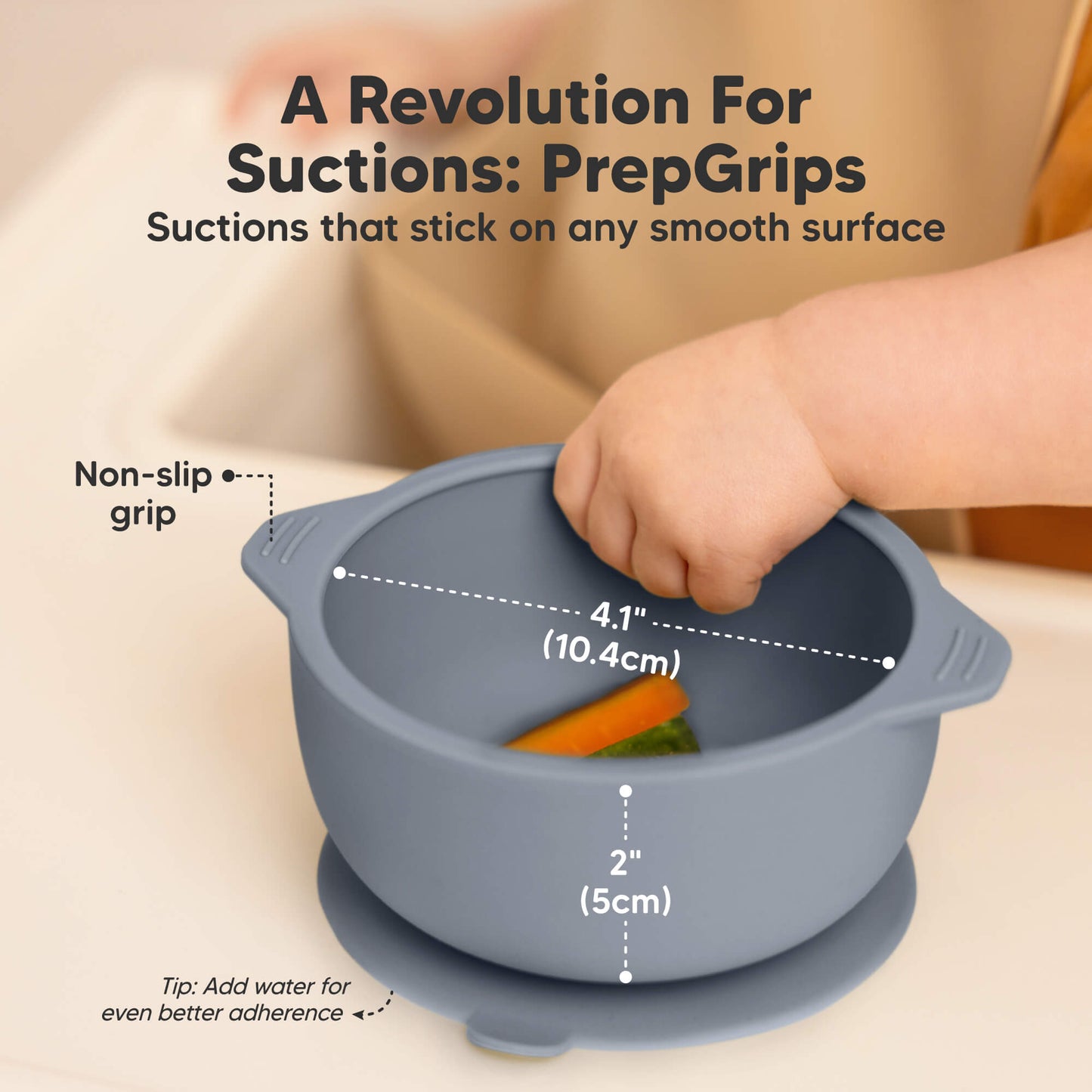 PrepGrip suction bowls stick to smooth surfaces with non-slip handles and measure about 4.1 inches wide and 2 inches deep.
 30237123379386