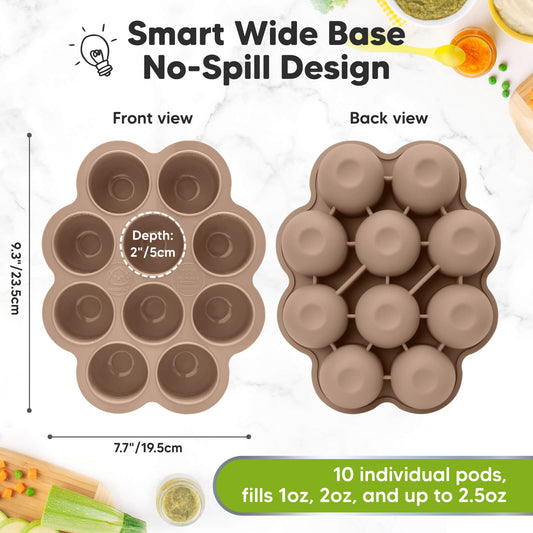 Smart Wide Base, No-Spill Design. 10 individual pods, fills 1oz, 2oz, and up to 2.5oz. 9.3 inches by 7.7 inches. For pods the depth is 2.5 inches-on-hover