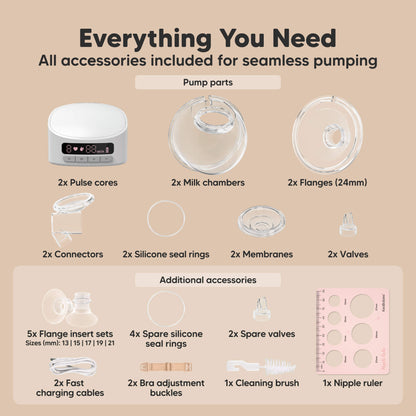 Everything You Need, All accessories included for seamless pumping, 2x Pulse cores, 2x Milk chambers, 2x Flanges (24mm), 2x Connectors, 2x Silicone seal rings, 2x Membranes, 2x Valves, Additional accessories, 6x Flange inserts (13/17/21mm), 4x Spare silicone seal rings, 4x Spare valves, 2x USB charging cables, 2x Bra adjustment buckles, 1x Cleaning brush, 1x Nipple ruler. 30698597646522