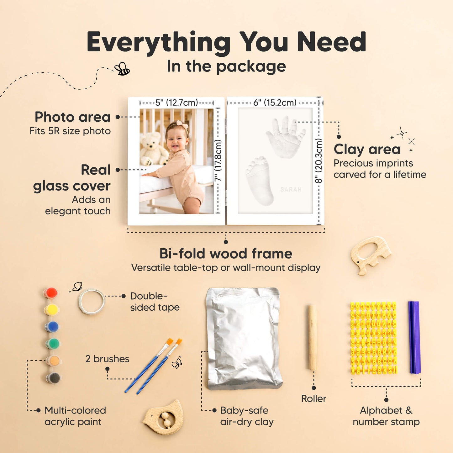 Everything You Need, in the package: bi-fold wood frame, photo area (fits 5R size photo), real glass cover, clay area (precious imprints carved for a lifetime), baby-safe air-dry clay, roller, alphabet & number stamp, double-sided tape, multi-colored acrylic paint, and 2 brushes. 30476593823930