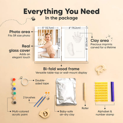 Everything You Need, in the package: bi-fold wood frame, photo area (fits 5R size photo), real glass cover, clay area (precious imprints carved for a lifetime), baby-safe air-dry clay, roller, alphabet & number stamp, double-sided tape, multi-colored acrylic paint, and 2 brushes. 30476593823930