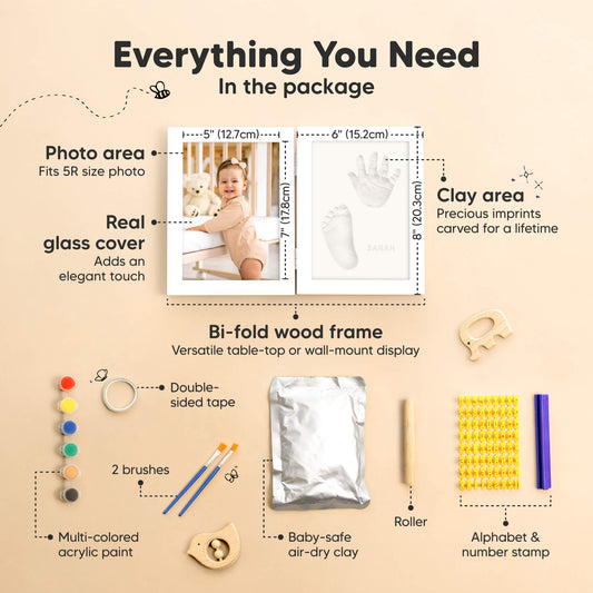 Everything You Need, in the package: bi-fold wood frame, photo area (fits 5R size photo), real glass cover, clay area (precious imprints carved for a lifetime), baby-safe air-dry clay, roller, alphabet & number stamp, double-sided tape, multi-colored acrylic paint, and 2 brushes.-on-hover