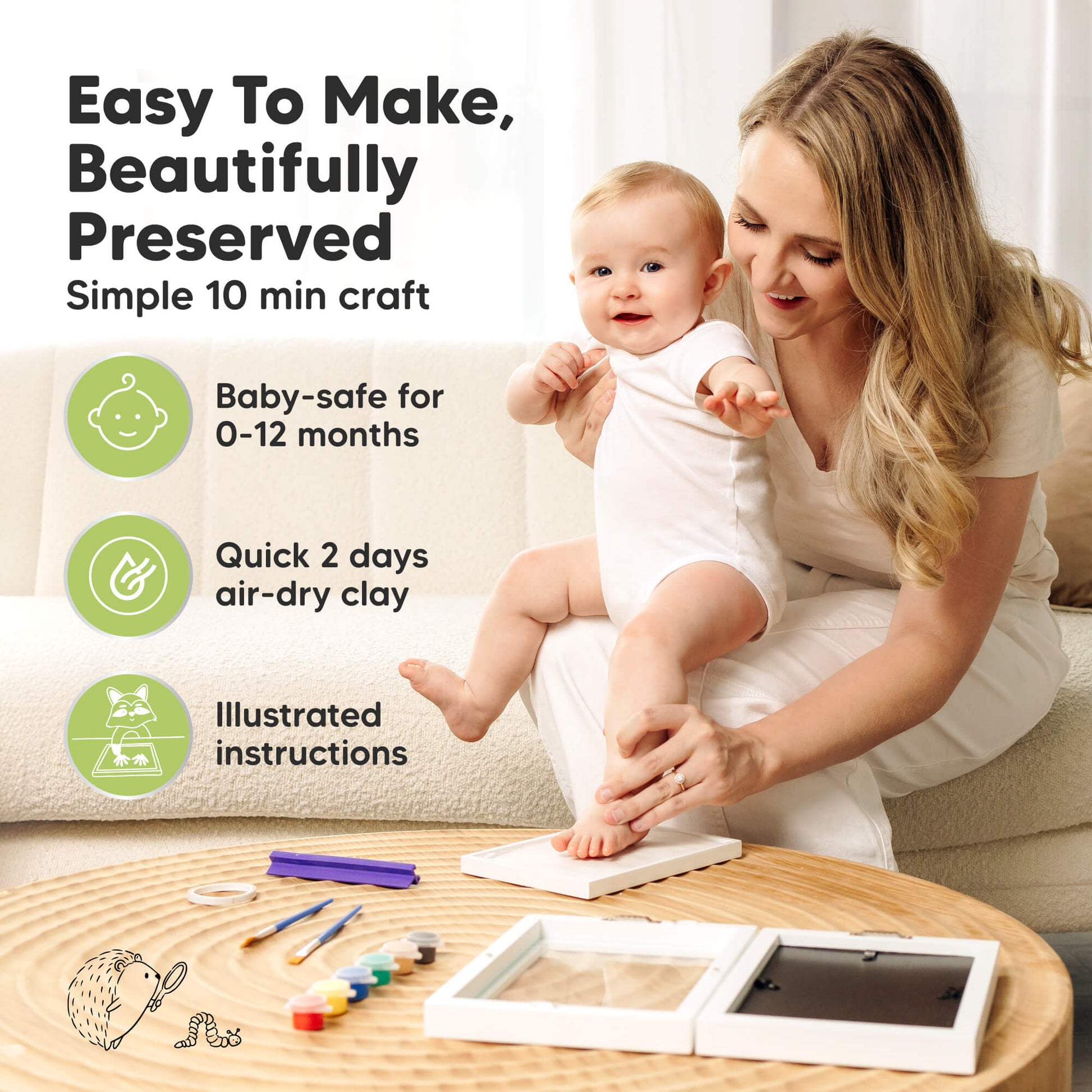 Easy To Make, Beautifully Preserved, simple 10-minute craft with baby-safe clay for 0–12 months, quick 2-day air-dry clay, and illustrated instructions. 30476596773050