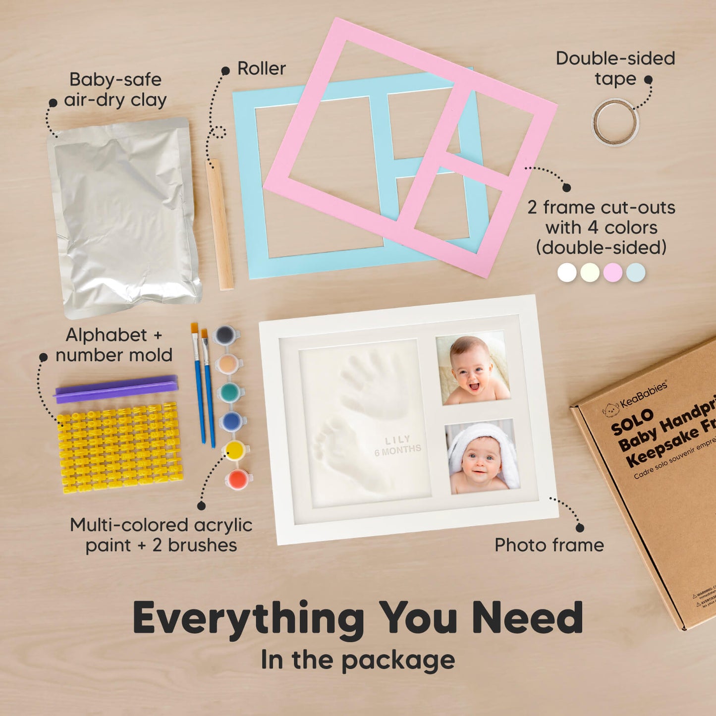 Everything You Need in the package: baby-safe air-dry clay, roller, double-sided tape, 2 frame cut-outs with 4 colors (double-sided), alphabet + number mold, multi-colored acrylic paint + 2 brushes, and photo frame
 26501847744698