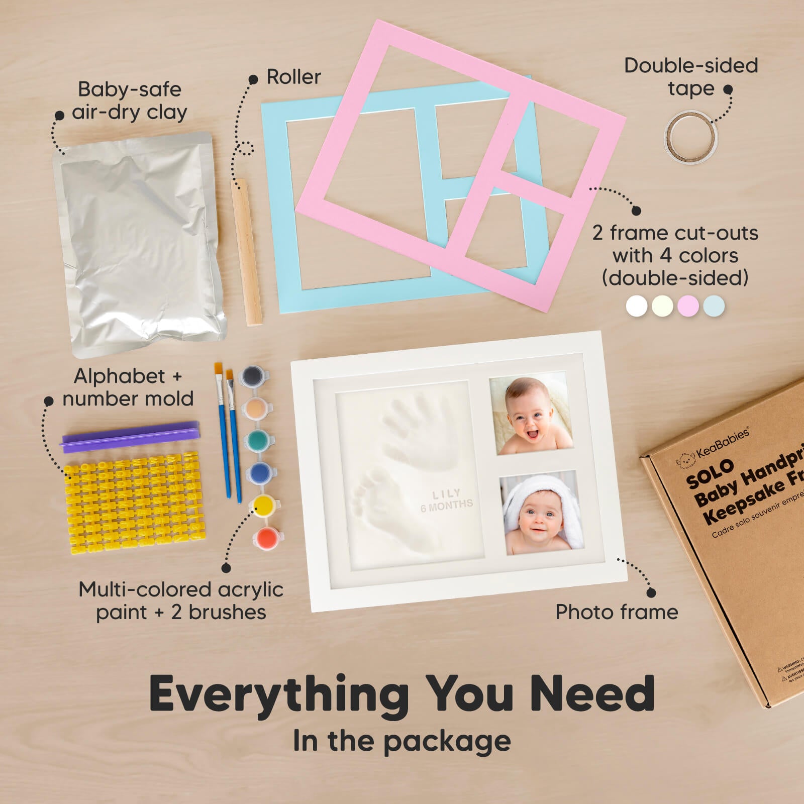Everything You Need in the package: baby-safe air-dry clay, roller, double-sided tape, 2 frame cut-outs with 4 colors (double-sided), alphabet + number mold, multi-colored acrylic paint + 2 brushes, and photo frame
 26501847744698