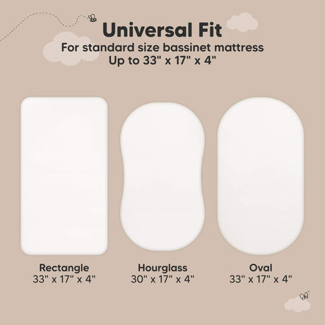 Universal fit bassinet protector designed for standard sizes up to 33 × 17 × 4 inches in rectangle, hourglass, and oval shapes.
