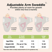Load image into Gallery viewer, Adjustable Arm Swaddle
Provides plenty of room for growth within the first 6 months

X-Small (Premie)
Age 0-3 Months
Weight in lbs - Fits up to lbs
Height in inches - 17 to 23

One Size
Age 0-3 Months
Weight in lbs - 7 to 15
Height in inches - 19 to 25

Large
Age 3-6 Months
Weight in lbs - 15 to 20
Height in inches - 23 to 28

*Size chart refers to baby measurements &amp; is for guidance only.
