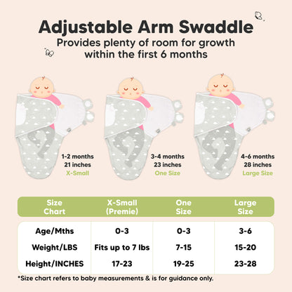 Adjustable Arm Swaddle - Provides plenty of room for growth within the first 6 months. 
X-Small (Premie): Age: 0–3 months, Weight: Fits up to 7 lbs, Height: 17–23 inches
One Size: Age: 0–3 months, Weight: 7–15 lbs, Height: 19–25 inches
Large Size: Age: 3–6 months, Weight: 15–20 lbs, Height: 23–28 inches
 32130177990842