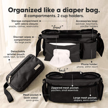 Load image into Gallery viewer, Organized like a diaper bag (8 compartments. 2 cup holders) - Storage compartment with velcro closure, Accessories loop, Phone holder, Discreet wipes, Detachable wristlet pouch, Mesh pocket (both sides), Zippered mesh pocket, and Large mesh pocket.
