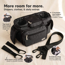 Load image into Gallery viewer, More room for more (Diapers, clothes, &amp; daily extras) - Top hook &amp; loop straps, Side hook &amp; loop panels, 2 insulated cup holders, and Crossbody sling. 
