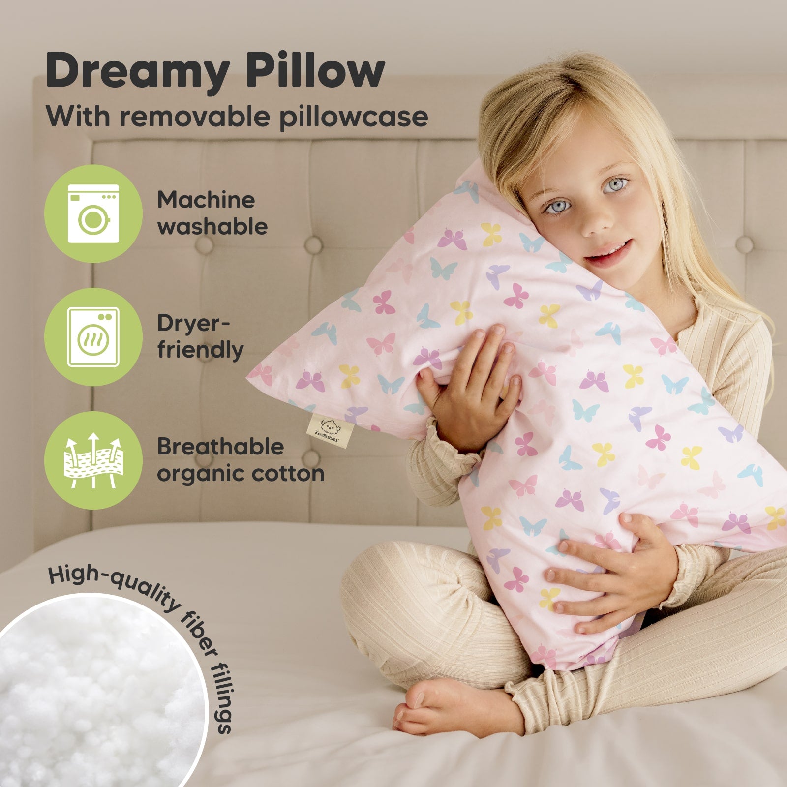 The dreamy pillow features a removable breathable organic cotton cover, high-quality fiber filling, and is machine washable and dryer-friendly for easy care.
 27543088431290