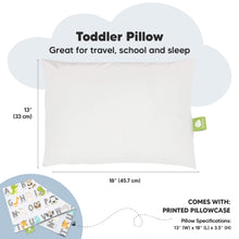 Load image into Gallery viewer, Toddler Pillow
Great for travel, school and sleep
13” (33 cm)
18” (45.7 cm)

COMES WITH:
PRINTED PILLOWCASE

Pillow Specifications:
13” (W) x 18” (L) x 3.5” (H)
