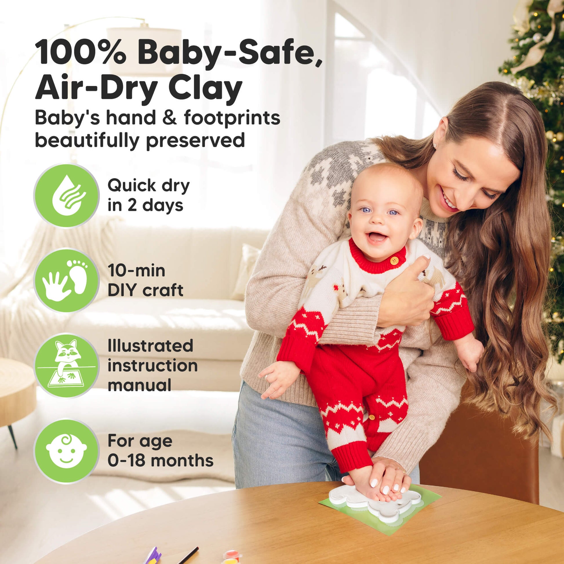 100% Baby-Safe Air-Dry Clay, preserves baby’s hand & footprints beautifully, quick dry in 2 days, 10-min DIY craft, includes illustrated instruction manual, suitable for ages 0–18 months. 30514294882490